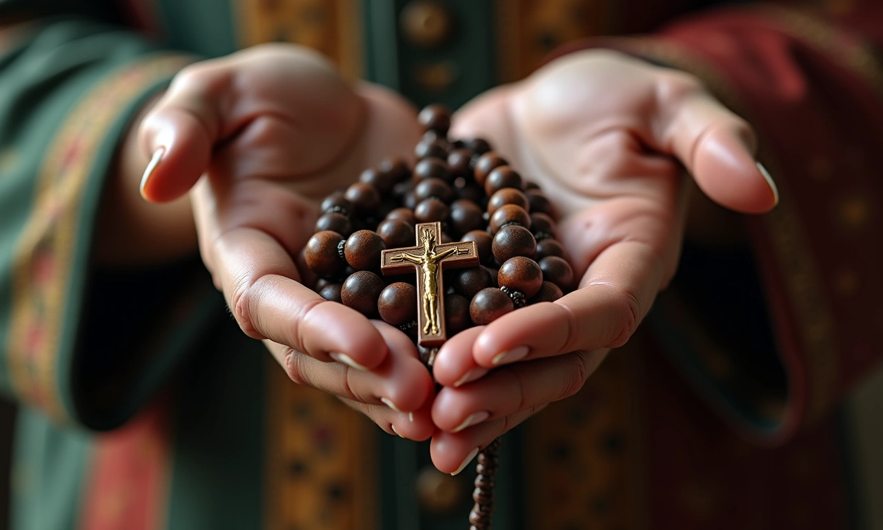Close up of calloused hands gently holding a worn, antique wooden rosary with a backdrop of faded, colorful fabrics., photorealistic, 8k, highly detailed, cinematic lighting