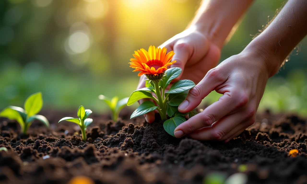 A close-up of weathered hands planting a vibrant, flowering plant in rich, dark soil with dappled sunlight filtering through leaves., photorealistic, 8k, highly detailed, cinematic lighting