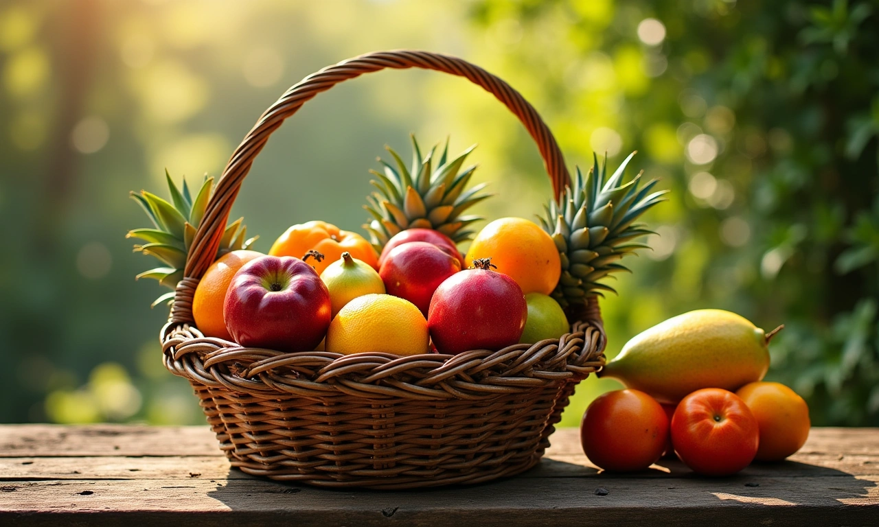 A woven basket overflowing with vibrantly colored tropical fruit sitting on a rustic wooden table. The scene is bathed in warm, natural light., photorealistic, 8k, highly detailed, cinematic lighting