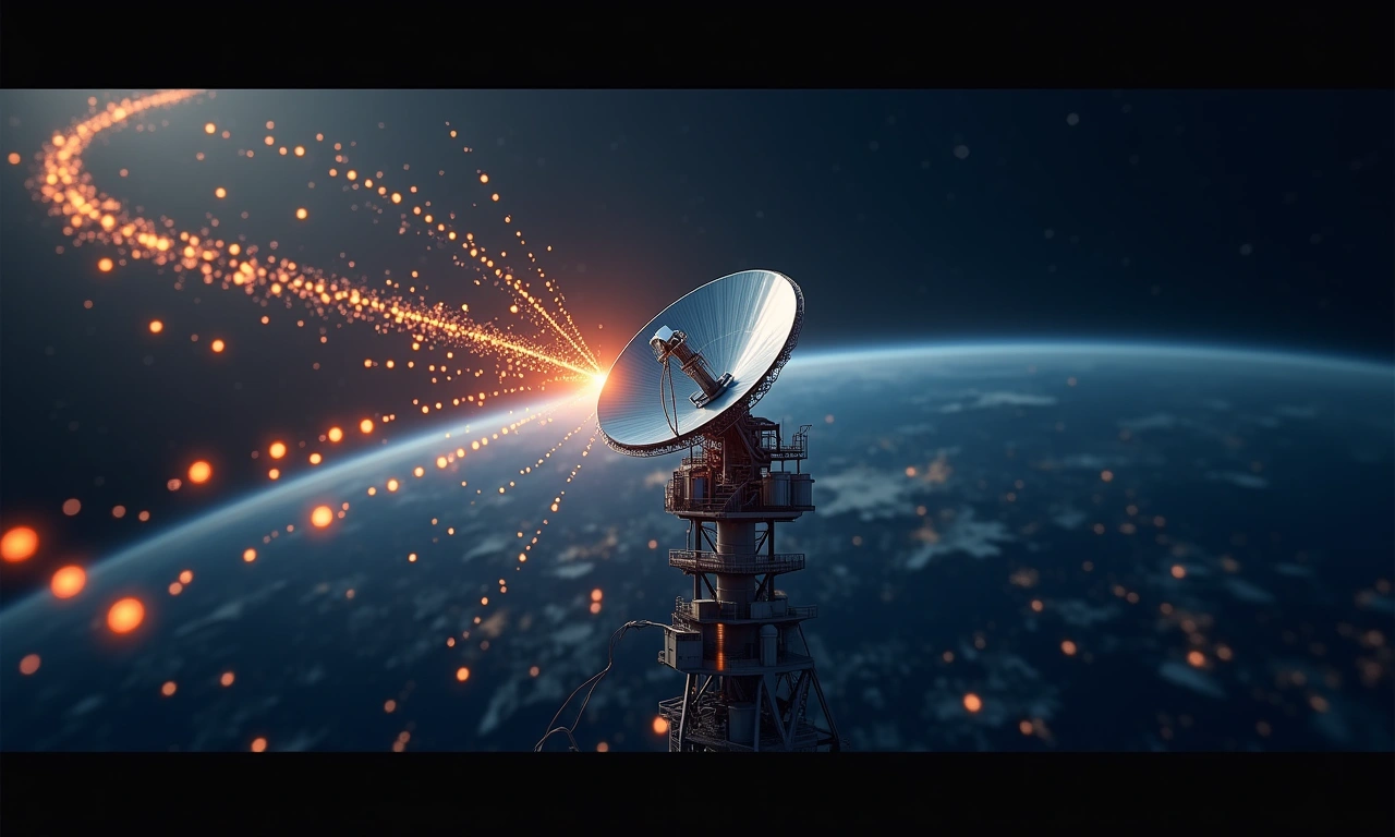 A satellite dish pointed towards Haiti, surrounded by stylized signals reaching various cities across the globe, symbolizing connection and reach., photorealistic, 8k, highly detailed, cinematic lighting