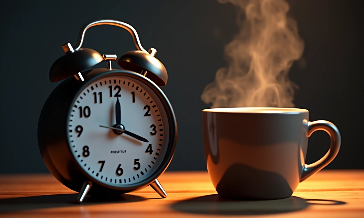 Alarm clock with radio antenna next to a steaming mug of coffee., photorealistic, 8k, highly detailed, cinematic lighting