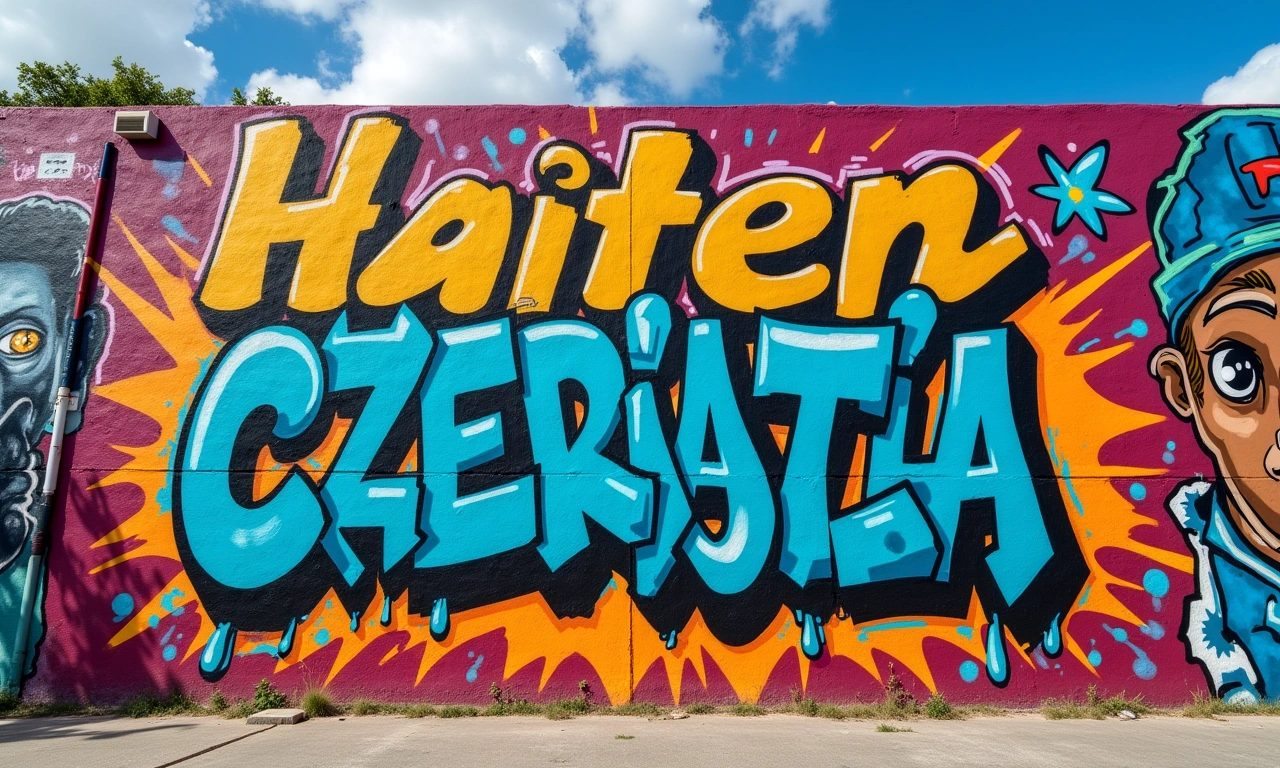 A vibrant graffiti mural in Haitian Creole, showcasing the unique linguistic and cultural identity., photorealistic, 8k, highly detailed, cinematic lighting