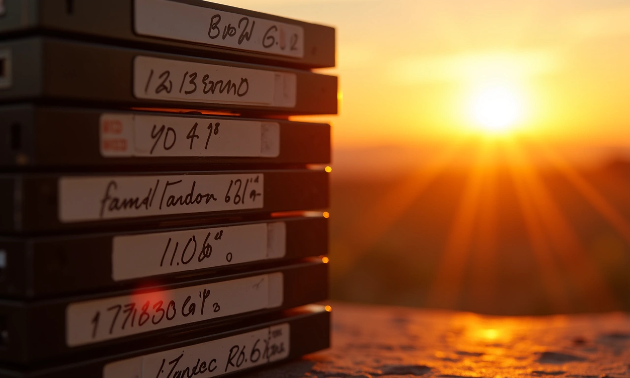A stack of vintage VHS tapes with handwritten labels, bathed in the warm glow of a setting sun, suggesting a history of visual storytelling., photorealistic, 8k, highly detailed, cinematic lighting
