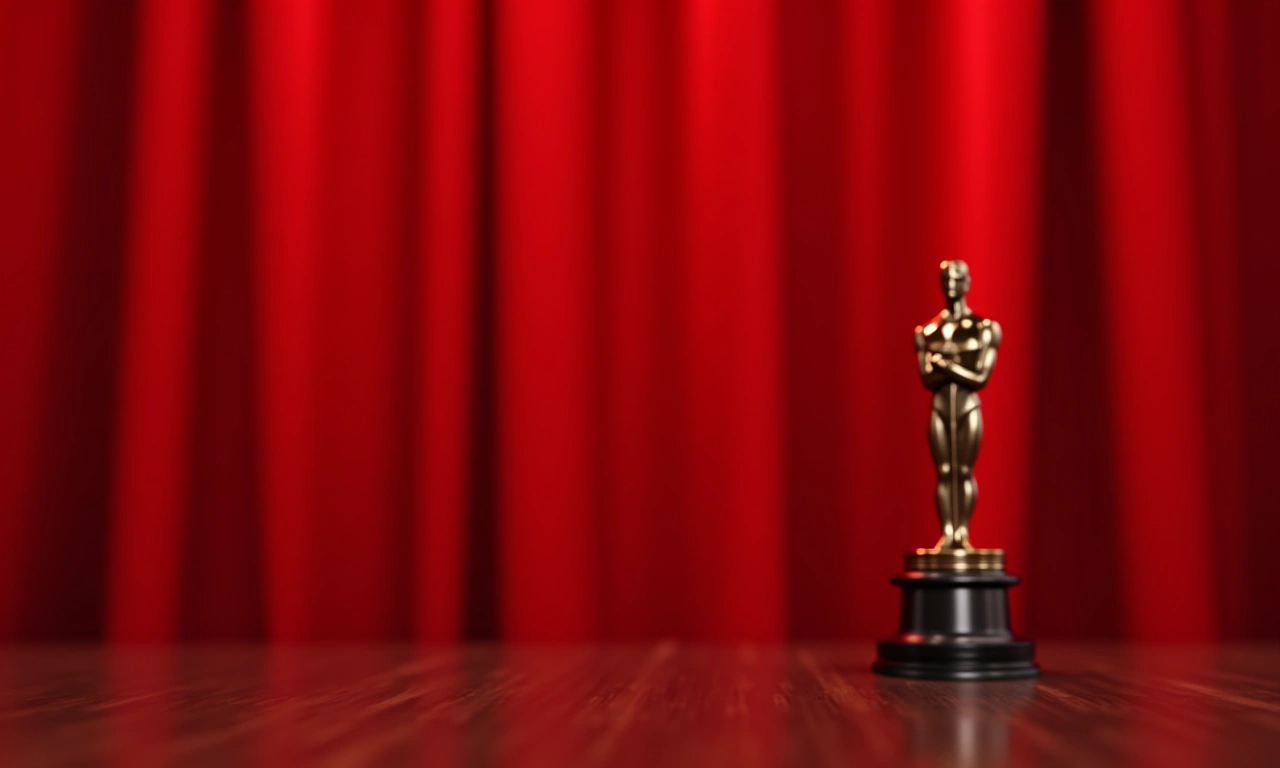 Close-up of film award statuette on a table, side view, with a blurred background of red velvet curtains., photorealistic, 8k, highly detailed, cinematic lighting
