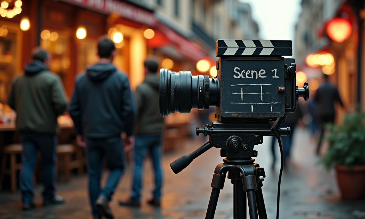 A vintage film camera on a tripod, dusty but well-maintained, focused on a clapboard with 'Scene 1' written in chalk. The background is slightly blurred, suggesting a bustling film set., photorealistic, 8k, highly detailed, cinematic lighting