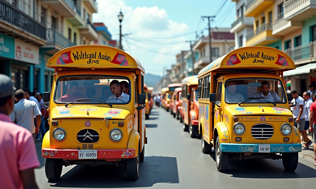 A crowded street scene in Haiti, with colorful tap-taps (public transportation) adorned with hand-painted artwork and popular slogans from the movie 'I Love You Anne'., photorealistic, 8k, highly detailed, cinematic lighting