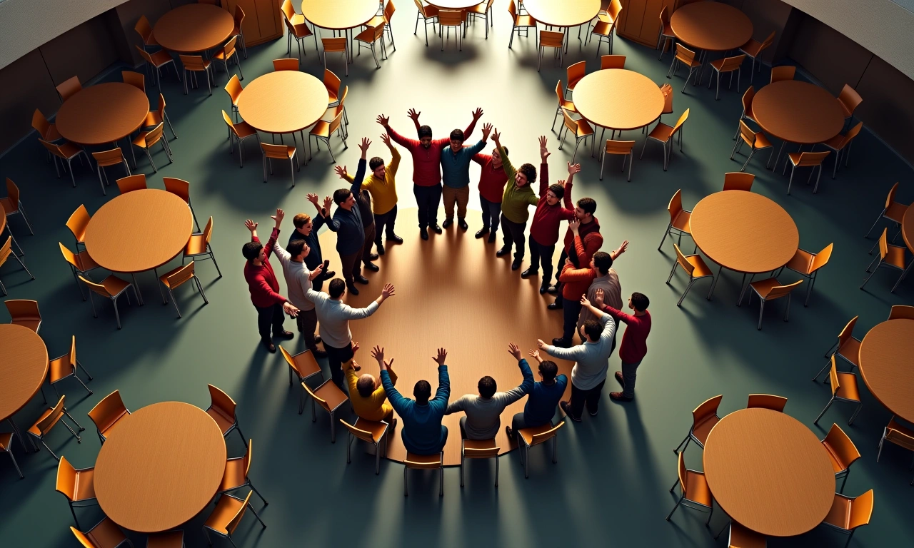 Overhead view of a school cafeteria, showing a small crowd gathered in a circle, gesturing with their hands, with a sense of energy and excitement, no faces visible., photorealistic, 8k, highly detailed, cinematic lighting