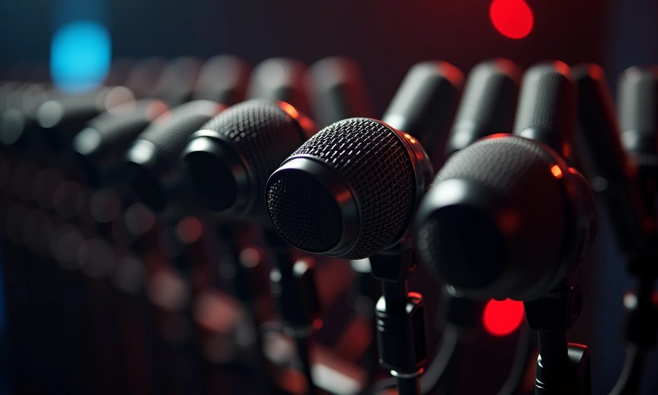 Close up of multiple microphones in a recording booth, selective focus on one microphone, creating a sense of collaboration and teamwork., photorealistic, 8k, highly detailed, cinematic lighting