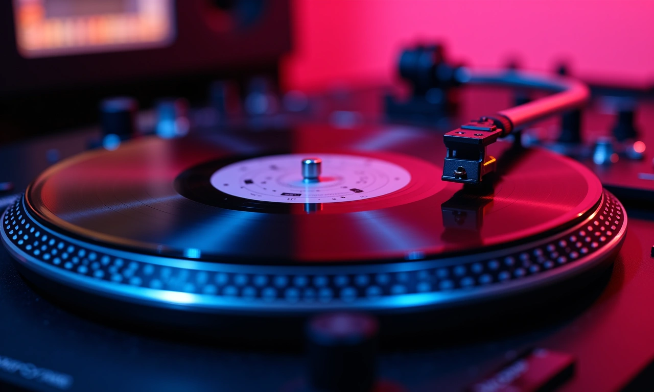 Close up of a vinyl record spinning on a turntable in a recording studio, bathed in neon light, shallow depth of field., photorealistic, 8k, highly detailed, cinematic lighting
