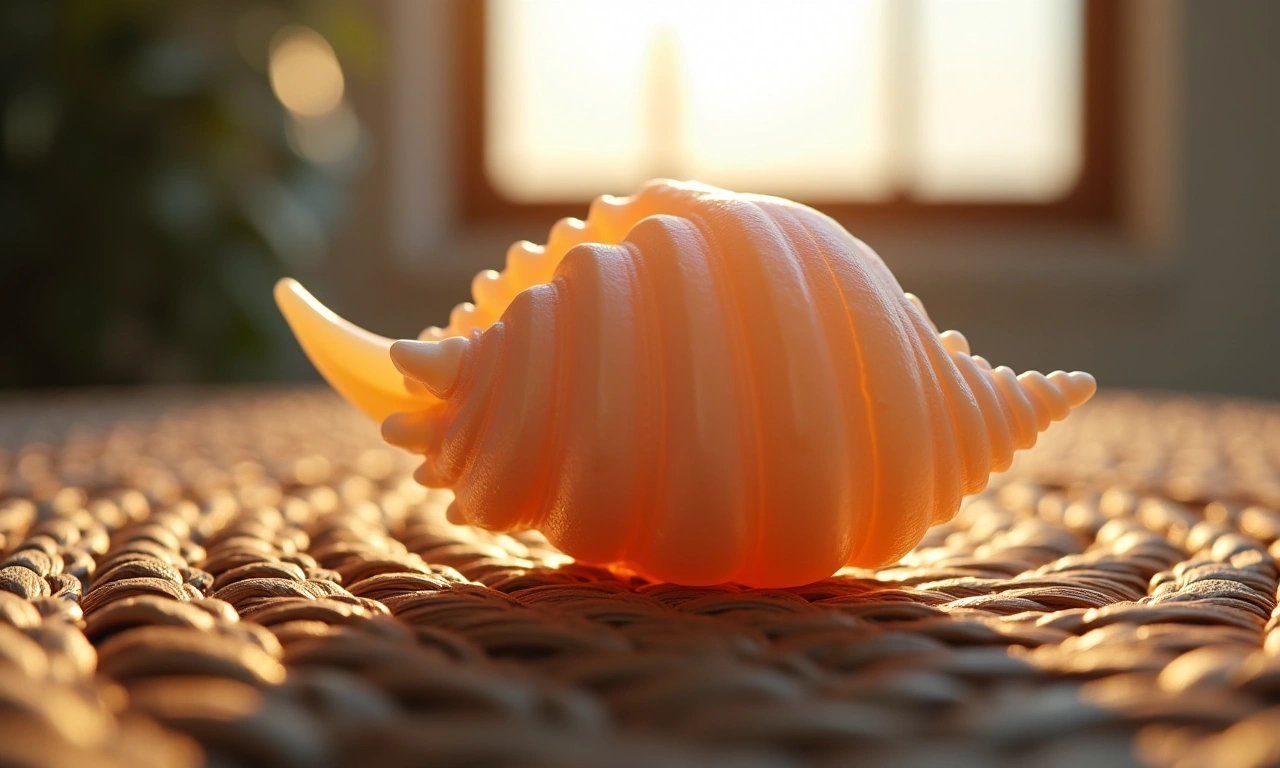 Close-up of a conch shell resting on a woven mat, with light streaming through a window, illuminating the texture., photorealistic, 8k, highly detailed, cinematic lighting