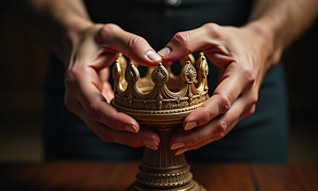 Overhead shot of hands placing a crown made of interwoven natural materials on a pedestal, symbolizing the transfer of power., photorealistic, 8k, highly detailed, cinematic lighting