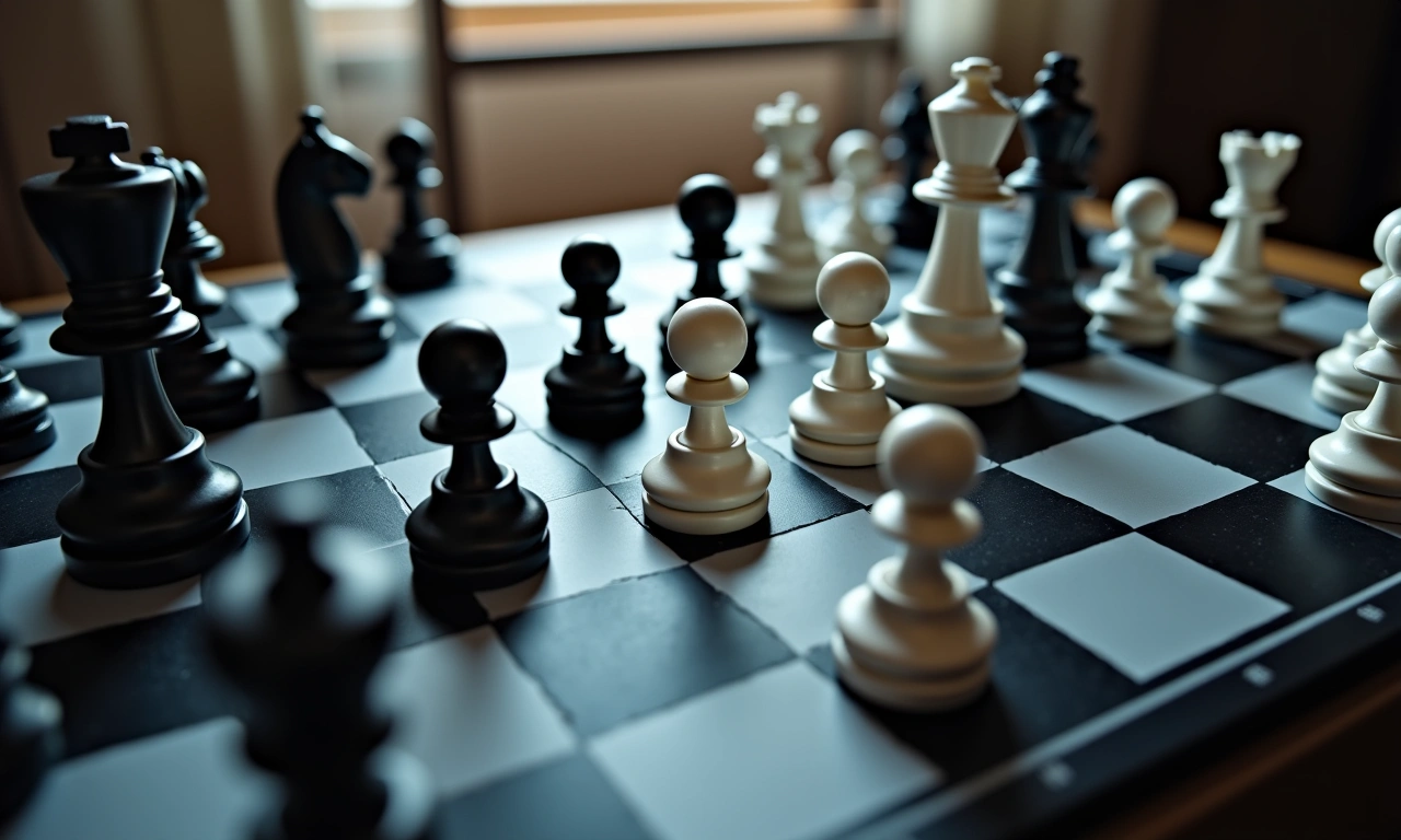 Overhead shot of a chessboard with black and white pieces strategically positioned, symbolizing a complex geopolitical strategy. , photorealistic, 8k, highly detailed, cinematic lighting