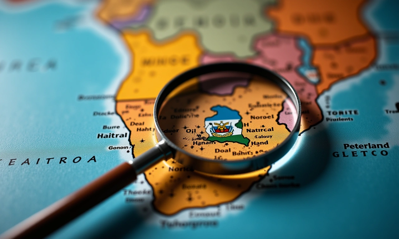 Close-up of a weathered map of Africa with a magnifying glass hovering over Haiti, highlighting the intense scrutiny and observation., photorealistic, 8k, highly detailed, cinematic lighting
