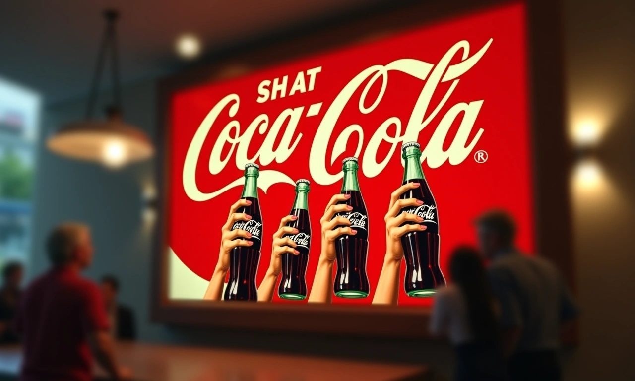 A blurred background featuring a vintage Coca-Cola advertisement sign from the 1970s, with hands reaching for the bottles, suggesting cultural shifts in advertising., photorealistic, 8k, highly detailed, cinematic lighting
