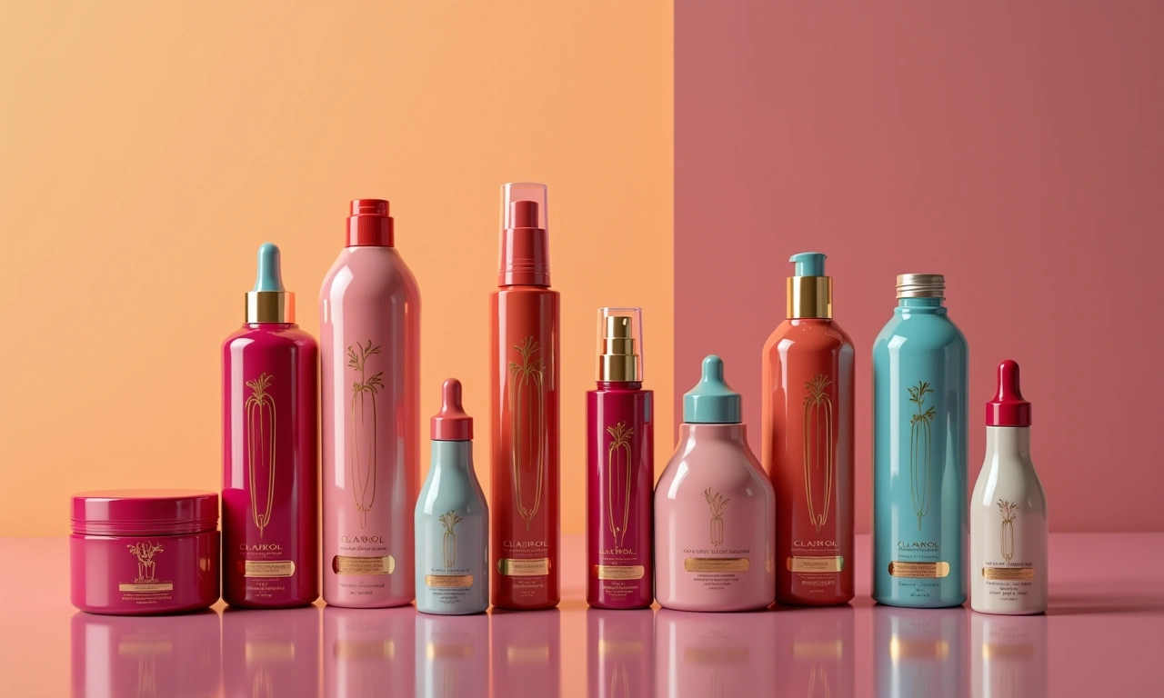 A collection of vintage hair styling products from Clairol, arranged on a reflective surface to showcase their packaging and colors, symbolizing the evolving beauty standards., photorealistic, 8k, highly detailed, cinematic lighting