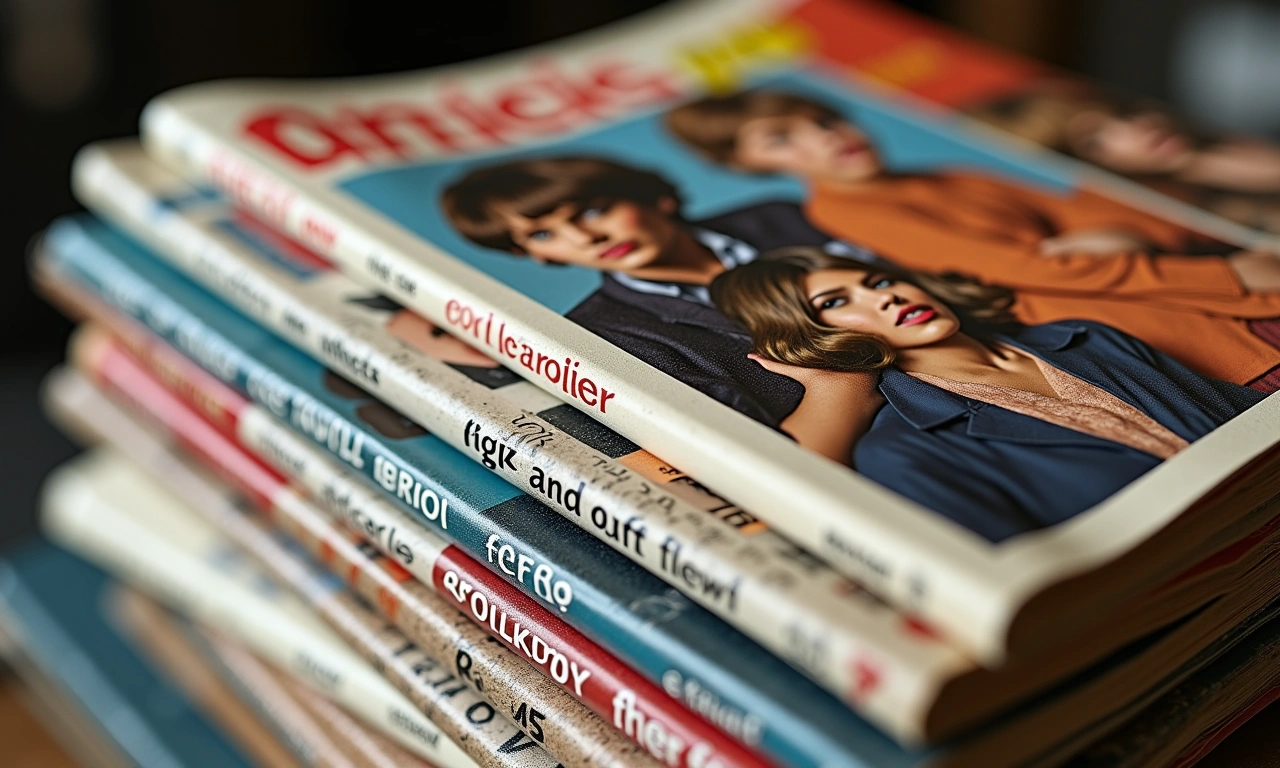 Close-up of a stack of vintage fashion magazines from the 1970s, showcasing diverse cover models and bold typography, with a shallow depth of field to emphasize the texture of the paper., photorealistic, 8k, highly detailed, cinematic lighting