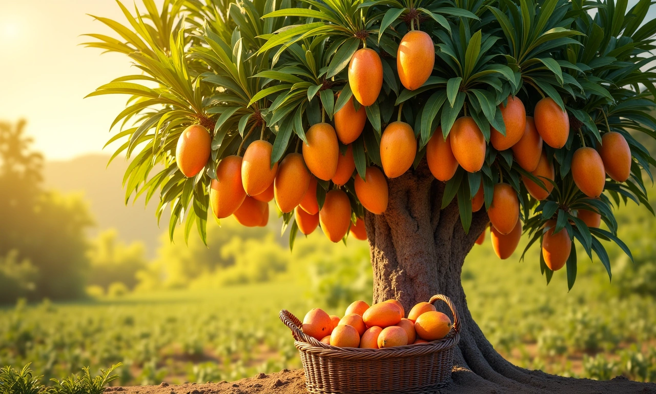 A vibrant, sunlit image of a mango tree in Haiti, filled with ripe mangoes ready for harvest, with a woven basket resting at the base of the trunk., photorealistic, 8k, highly detailed, cinematic lighting