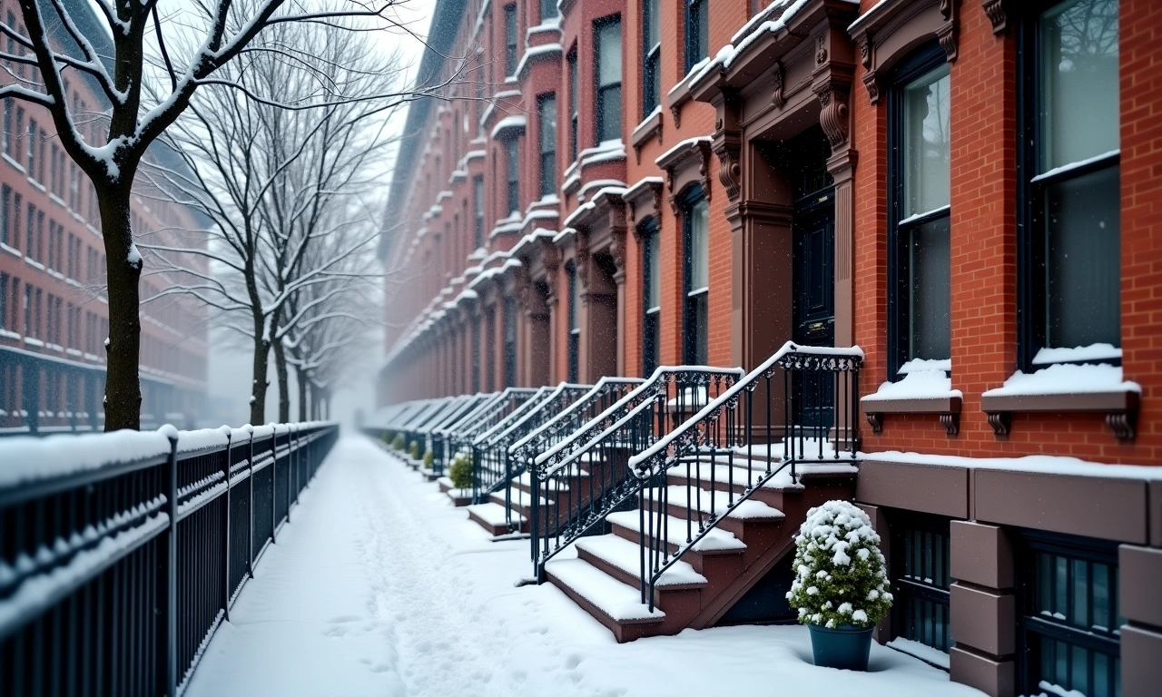 A snowy, vintage photograph of a brownstone building in Upper Manhattan, New York City, taken during winter, with the focus on the architectural details and the texture of the snow., photorealistic, 8k, highly detailed, cinematic lighting