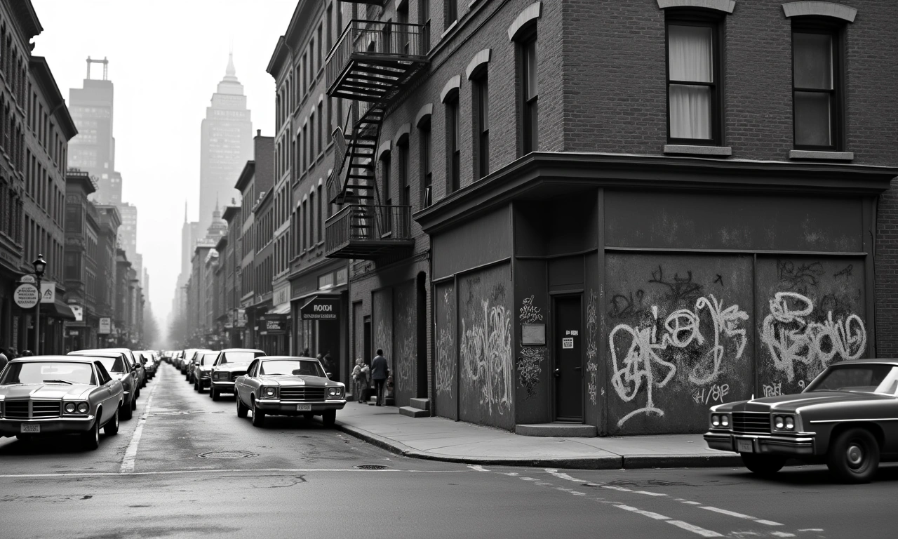 A gritty, black-and-white image of a Brooklyn street corner in the late 1960s. Focus on the textures of brick buildings, graffiti, and vintage cars parked along the street. Capture the atmosphere of social change and urban life., photorealistic, 8k, highly detailed, cinematic lighting