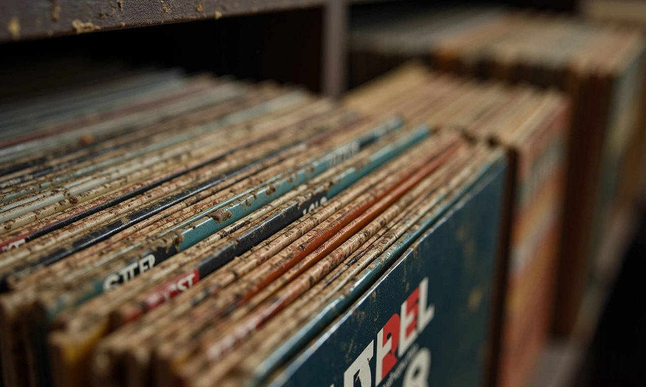 Close-up shot of worn vinyl records stacked on a shelf, showcasing the spines with faded Congolese musician names and album titles. Focus on the textures and age of the records, suggesting the rich musical heritage of the Congo., photorealistic, 8k, highly detailed, cinematic lighting
