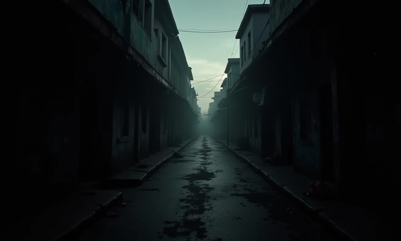 A dark, shadowy image of a deserted street in Port-au-Prince, Haiti, during the Duvalier regime. Focus on the ominous atmosphere and sense of fear, with the shadows of buildings casting long, distorted shapes across the ground. Emphasize the absence of people and the feeling of oppression., photorealistic, 8k, highly detailed, cinematic lighting