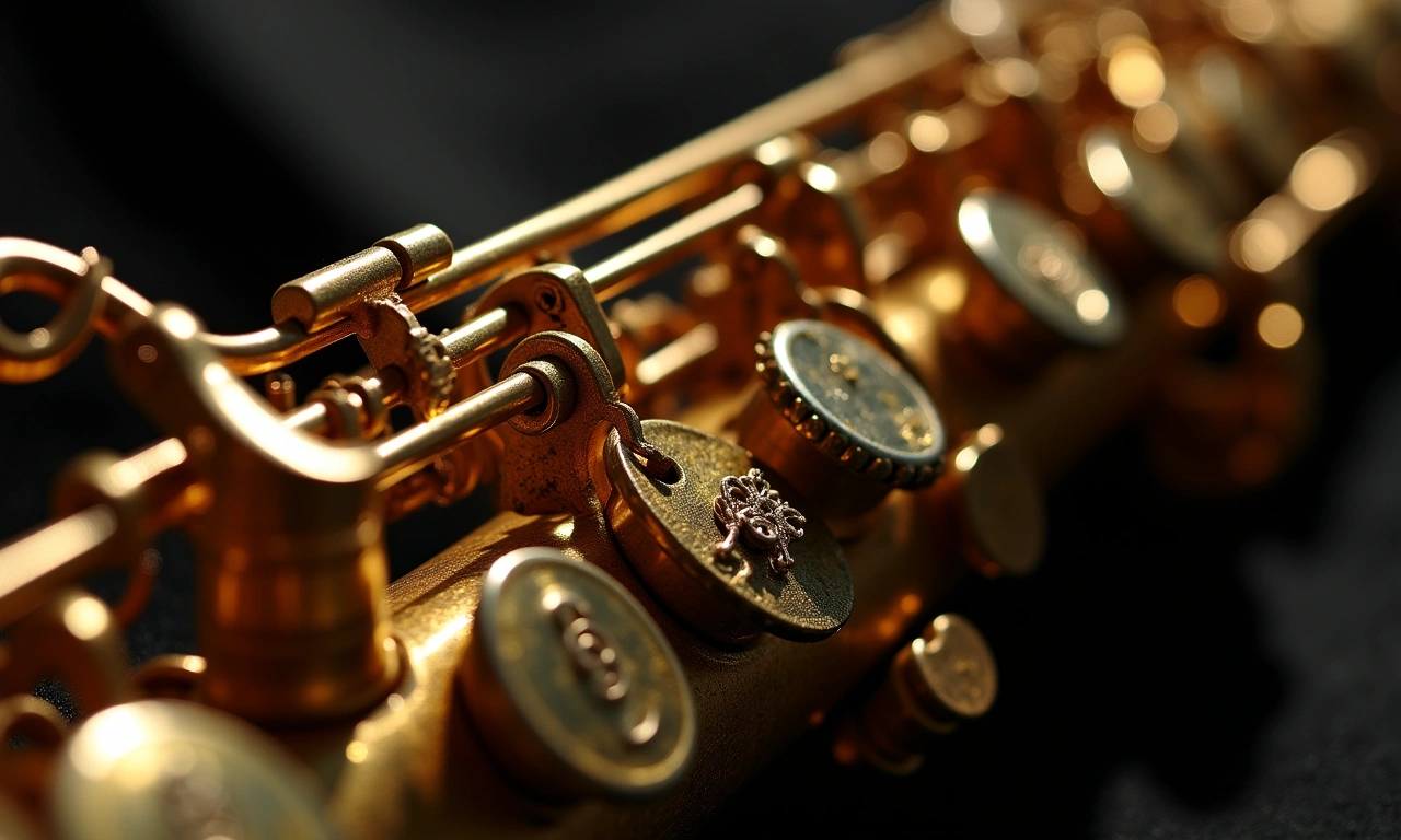 Close-up of a vintage saxophone, focusing on the intricate key mechanisms, worn pads, and polished brass. Highlight the details of the instrument and its connection to the rising popularity of Haitian bands., photorealistic, 8k, highly detailed, cinematic lighting