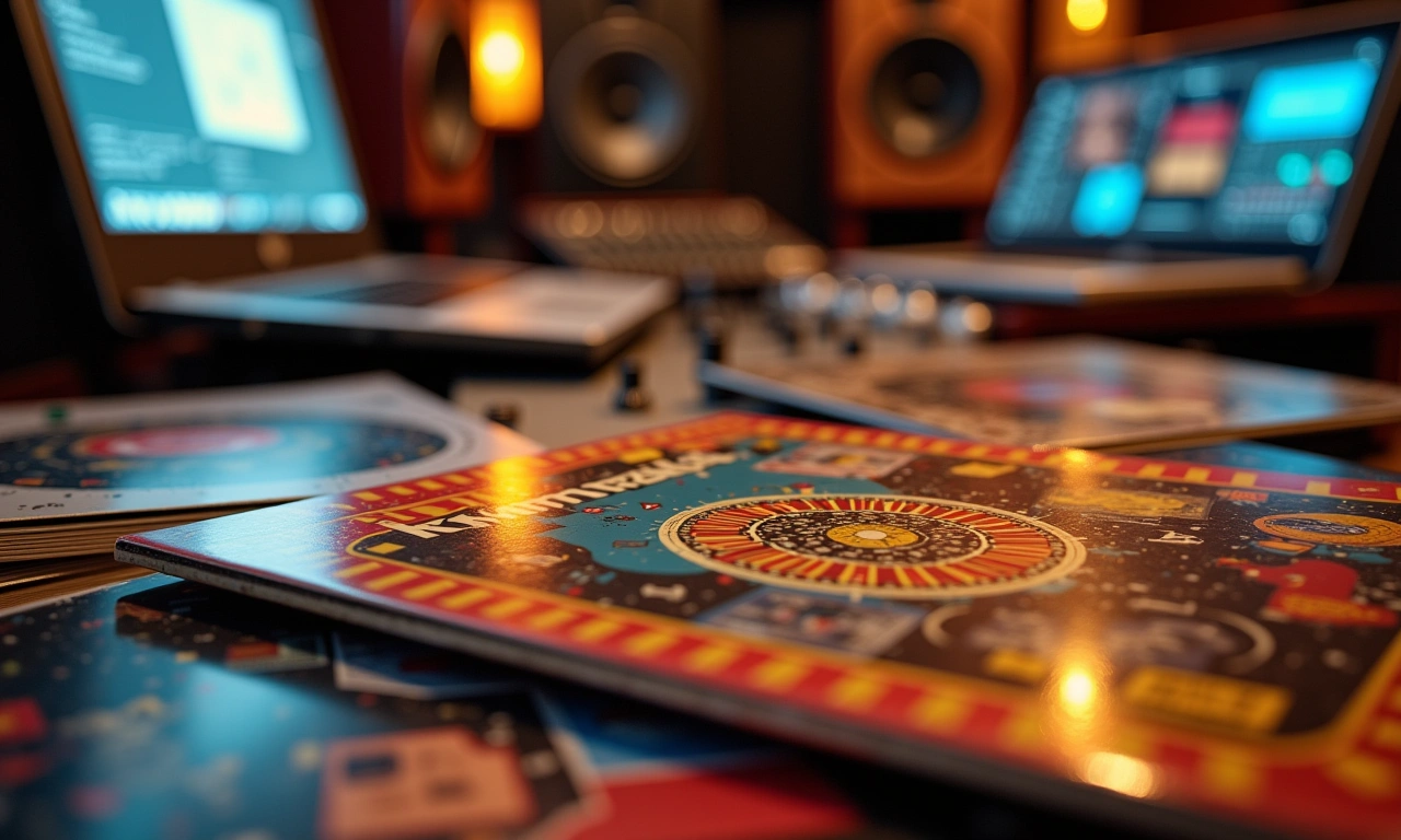 Close-up of vintage Kompa album covers transitioning into modern digital music equipment like synthesizers and laptops in a recording studio., photorealistic, 8k, highly detailed, cinematic lighting