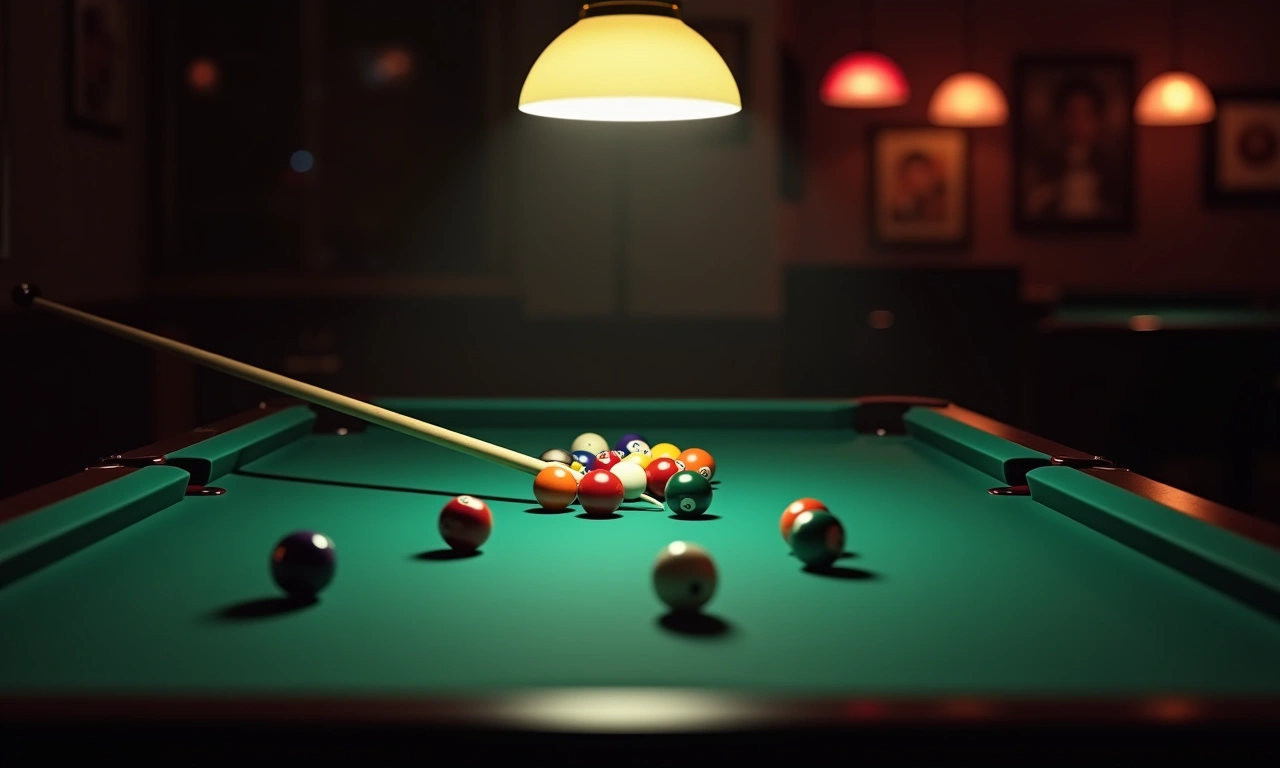 A dimly lit pool table in a bar, two cues crossed haphazardly, with scattered pool balls, suggesting unspoken tension., photorealistic, 8k, highly detailed, cinematic lighting