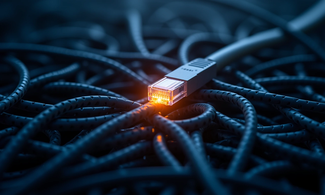 A tangled web of ethernet cables connected to a single glowing fiber optic strand representing connection versus modern isolation., photorealistic, 8k, highly detailed, cinematic lighting