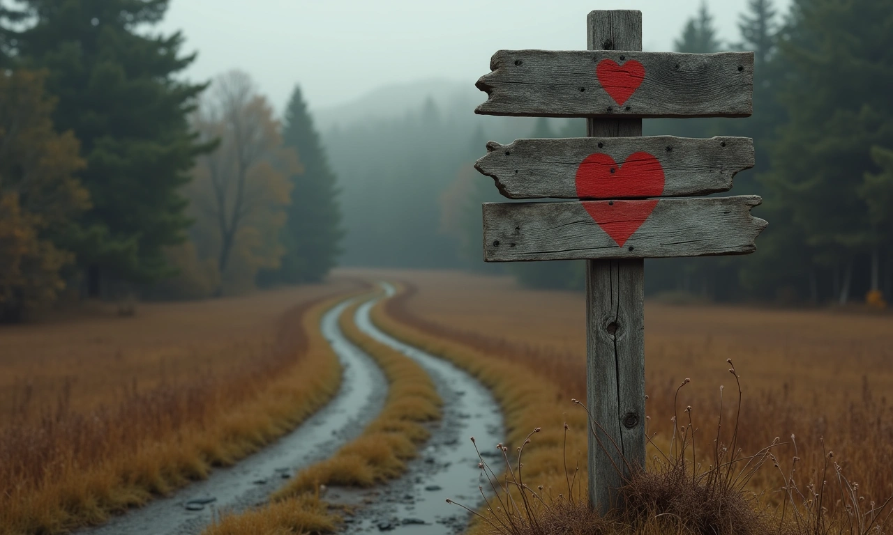 A weathered wooden signpost at a crossroads, one path marked with a heart, the other with a warning symbol., photorealistic, 8k, highly detailed, cinematic lighting