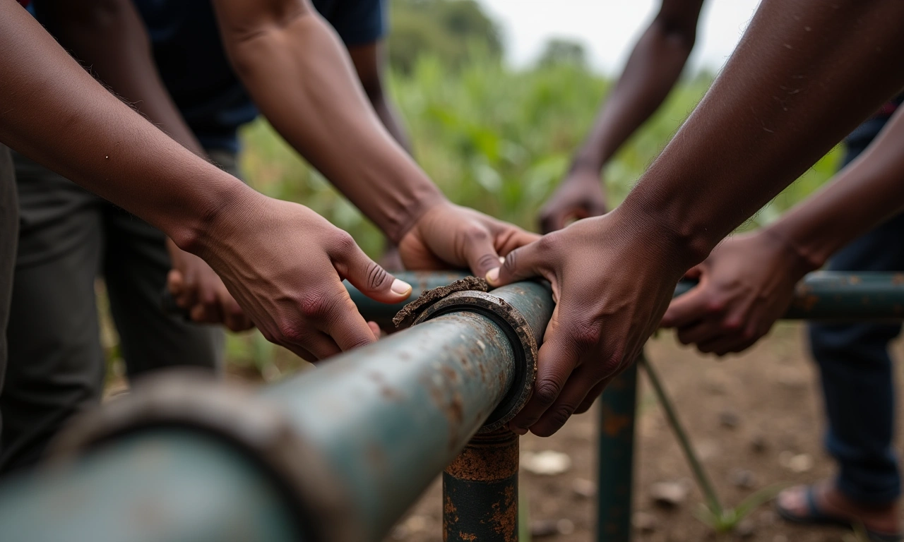 Several pairs of hands working together to lay pipes in a rural Haitian village, symbolizing community collaboration., photorealistic, 8k, highly detailed, cinematic lighting
