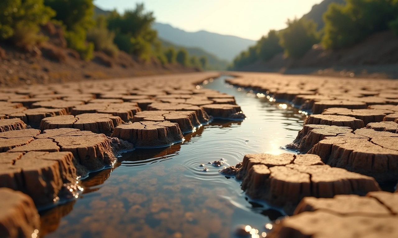 A dry, cracked riverbed in a remote Haitian village, highlighting the scarcity of water. Focus on the texture of the earth., photorealistic, 8k, highly detailed, cinematic lighting