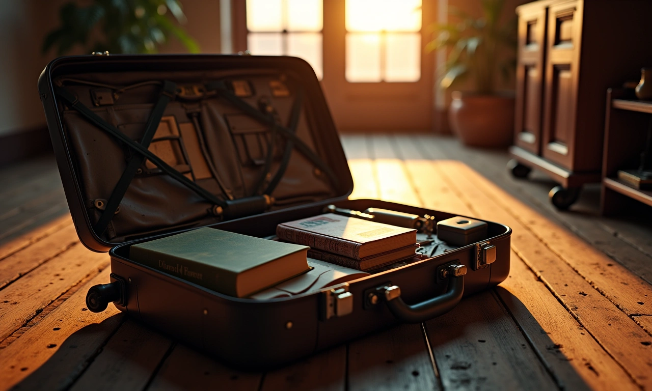 A suitcase sits open on a weathered wooden floor, partially packed with books and personal items, bathed in the soft light of dawn., photorealistic, 8k, highly detailed, cinematic lighting
