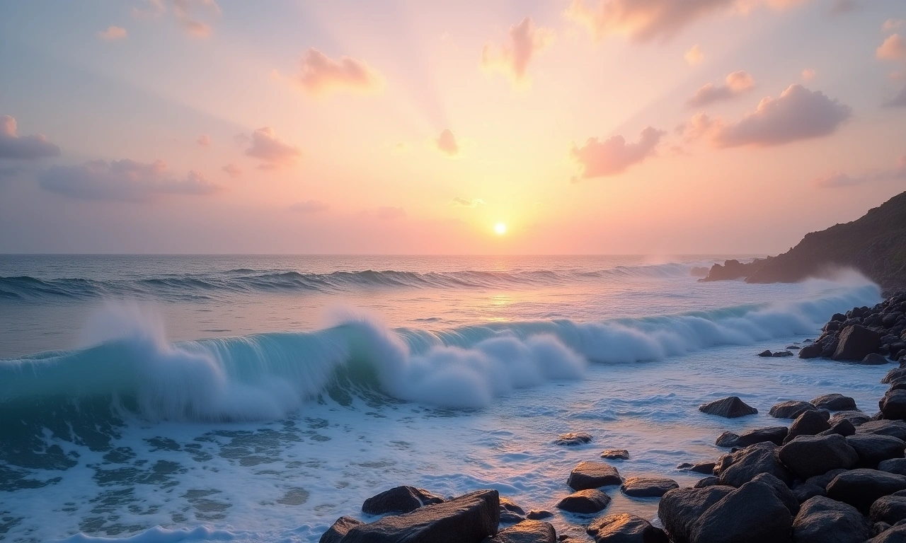 Waves crashing against a rocky shore at sunrise, the sky filled with soft, pastel colors and mist., photorealistic, 8k, highly detailed, cinematic lighting