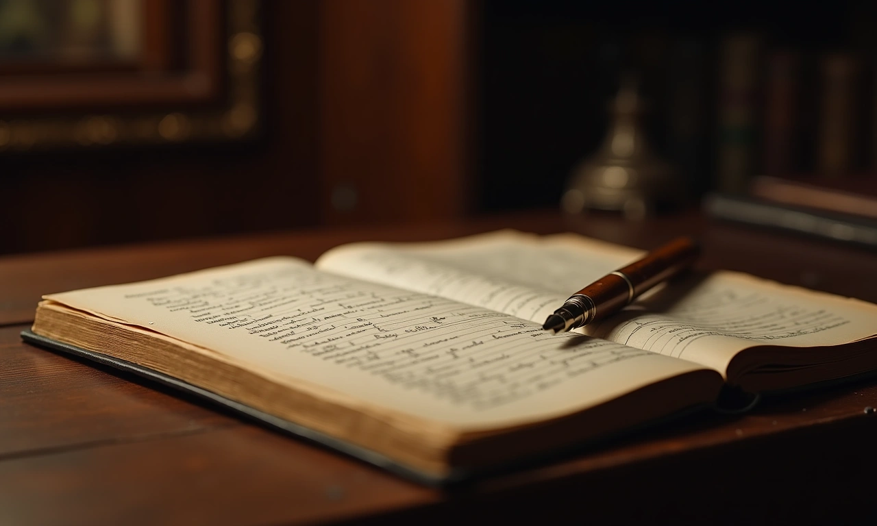 Close-up of antique ledger book with quill pen resting on it, set in a dimly lit, wood-paneled office. Focus on textures of paper and ink., photorealistic, 8k, highly detailed, cinematic lighting