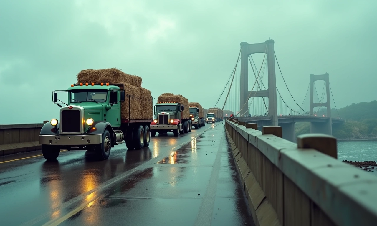 A convoy of vintage trucks carrying supplies across a damaged bridge after a hurricane. Focus on the supplies and the damaged infrastructure, with cloudy skies overhead., photorealistic, 8k, highly detailed, cinematic lighting