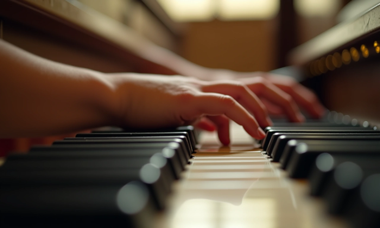 Close-up of small hands playing a vintage, slightly worn piano keyboard, soft natural light, warm color palette, shallow depth of field, keys slightly dusty, photorealistic, 8k, highly detailed, cinematic lighting