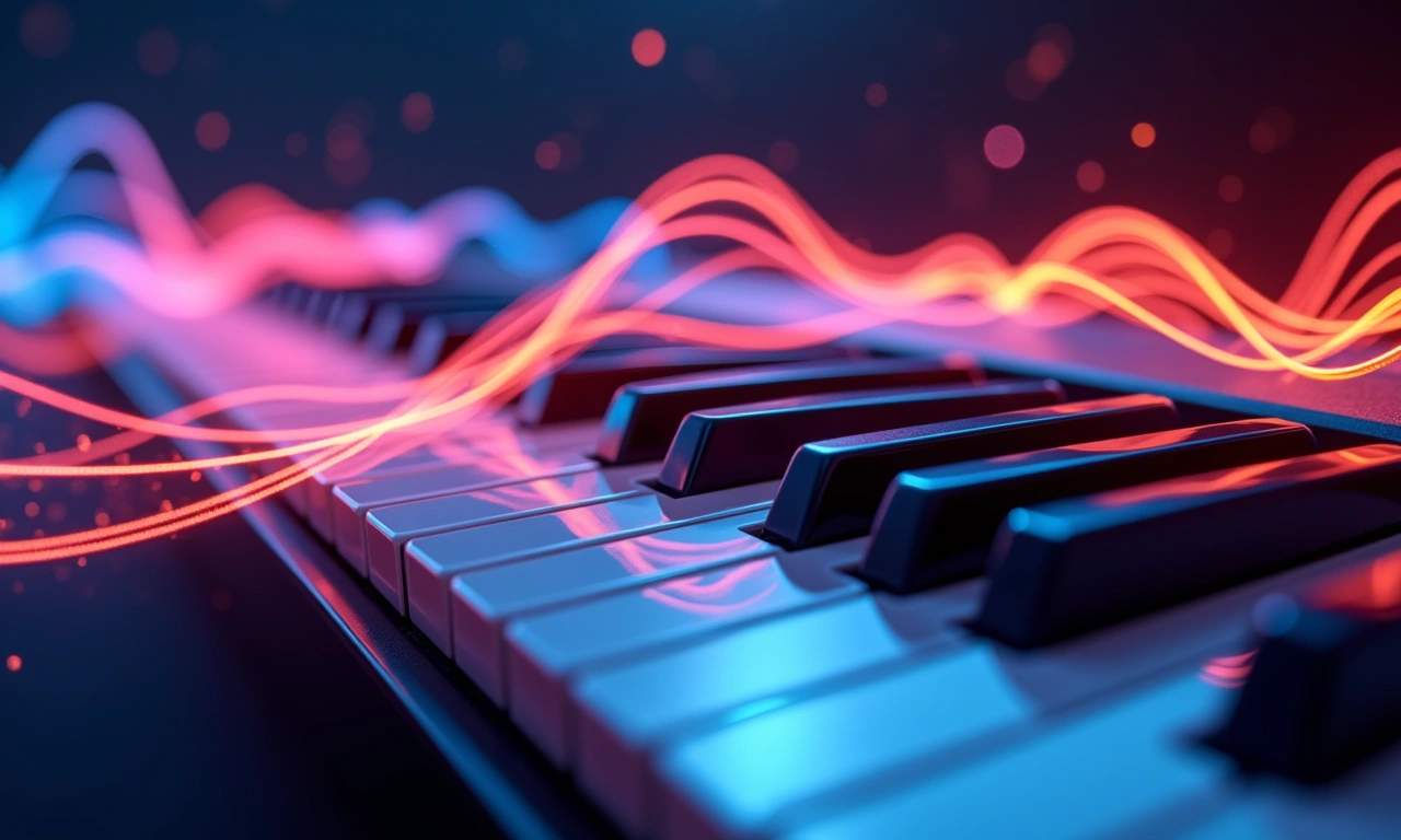Abstract representation of sound waves emanating from a keyboard, visualized as colorful, flowing energy patterns, representing the creation of a melody, photorealistic, 8k, highly detailed, cinematic lighting