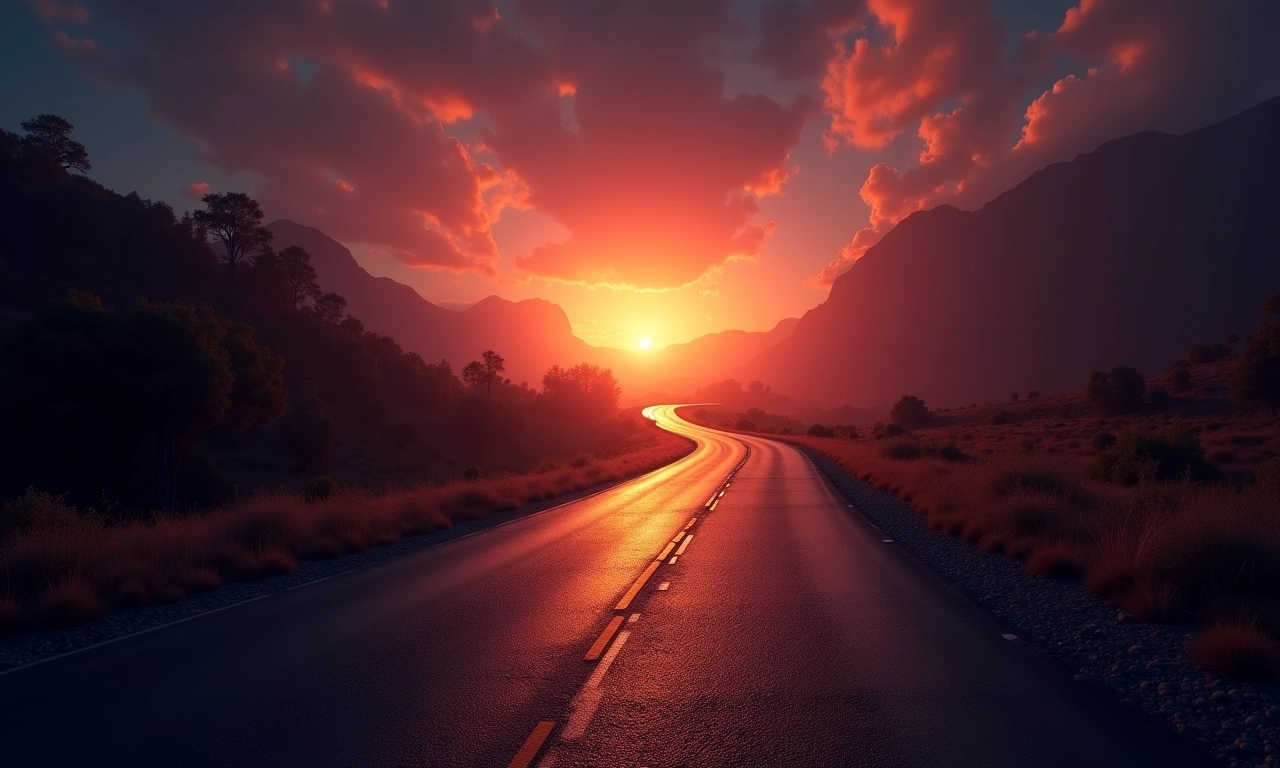 A winding road stretching towards a distant, brightly lit stage, representing the challenges and rewards of pursuing a career in the music industry, dynamic perspective, photorealistic, 8k, highly detailed, cinematic lighting