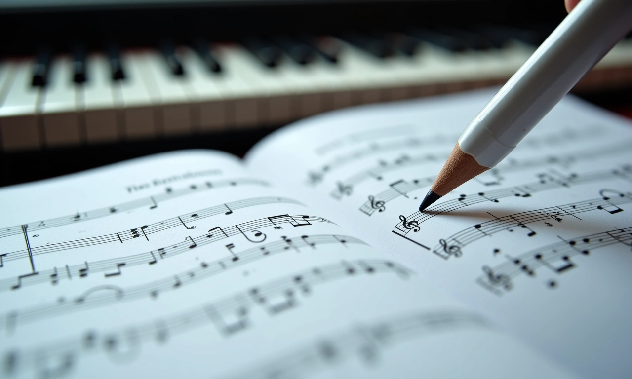 Close-up of sheet music with handwritten notes and chord progressions, a pencil resting on the page, a blurred keyboard in the background, representing the process of songwriting, photorealistic, 8k, highly detailed, cinematic lighting