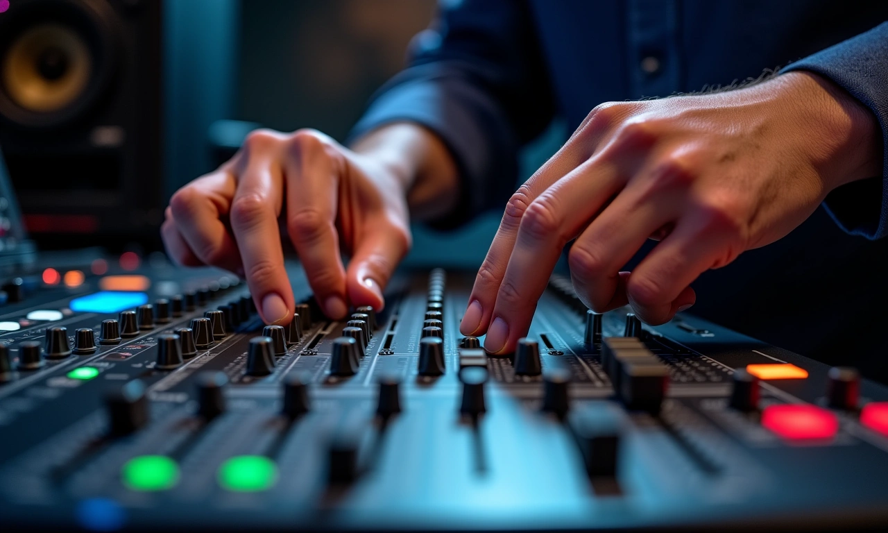 Two pairs of hands working together on a mixing board, adjusting levels and parameters, conveying collaboration and teamwork in music production, photorealistic, 8k, highly detailed, cinematic lighting