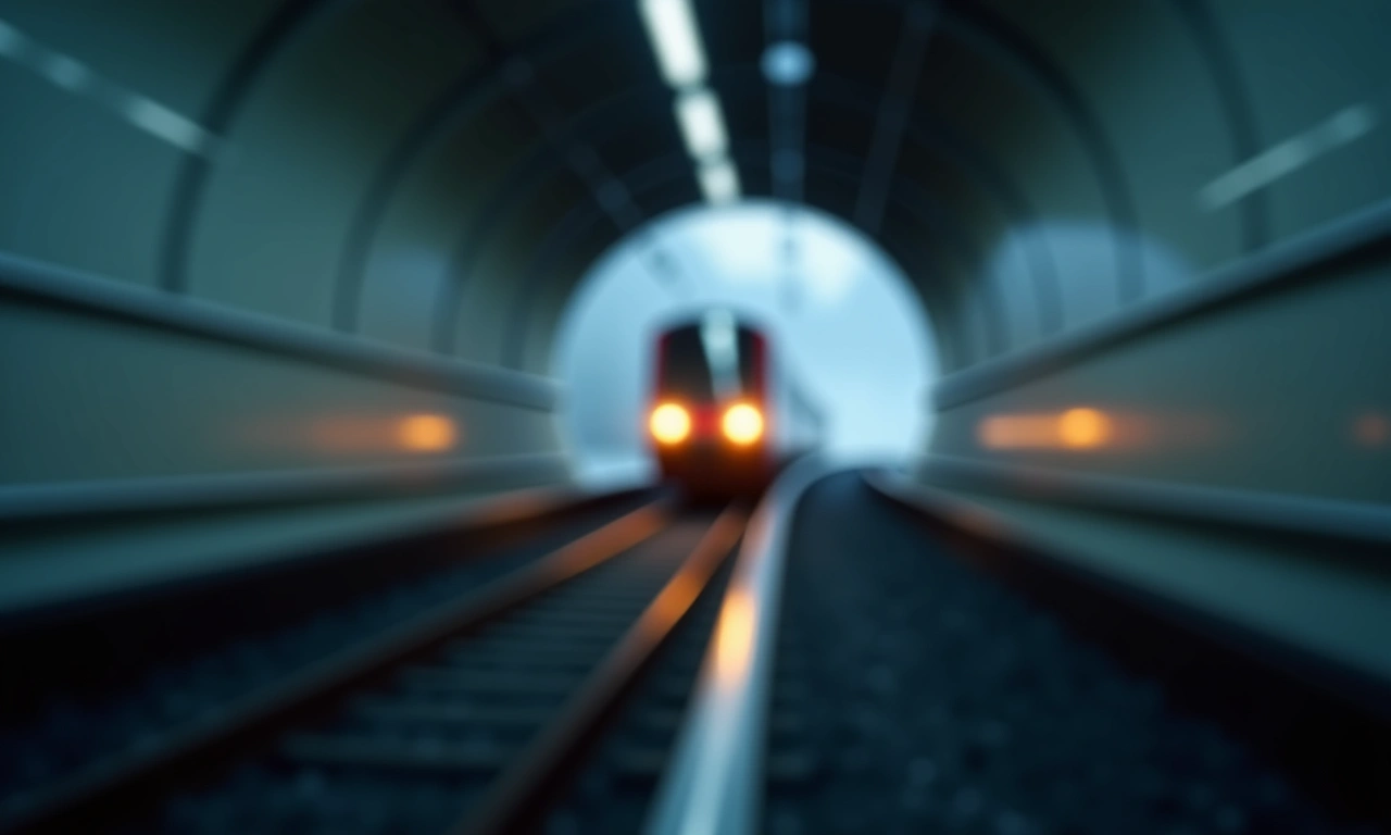 Abstract, blurred image of a train disappearing into a tunnel, symbolizing departure and transition., photorealistic, 8k, highly detailed, cinematic lighting