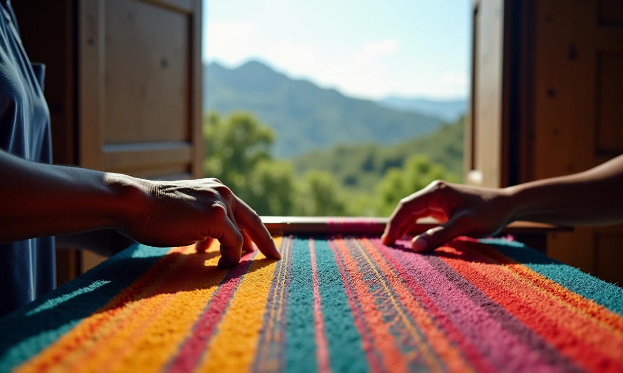Hands weaving a colorful, traditional Haitian textile, with blurred scenery through an open window., photorealistic, 8k, highly detailed, cinematic lighting