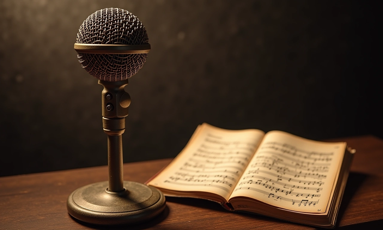 A worn, vintage photograph of a microphone on a stand, with handwritten sheet music resting on the base., photorealistic, 8k, highly detailed, cinematic lighting