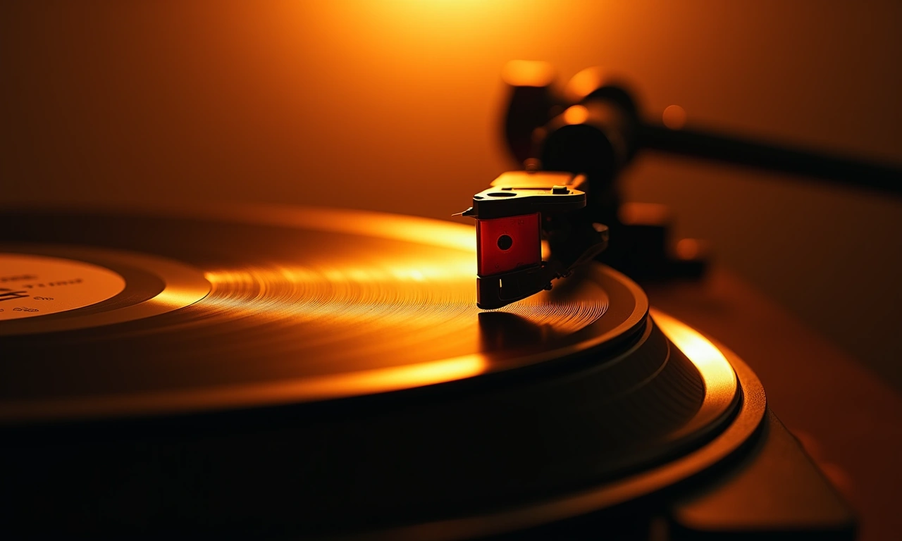 A close-up shot of a vintage record player needle dropping onto a vinyl record, bathed in warm, nostalgic light., photorealistic, 8k, highly detailed, cinematic lighting