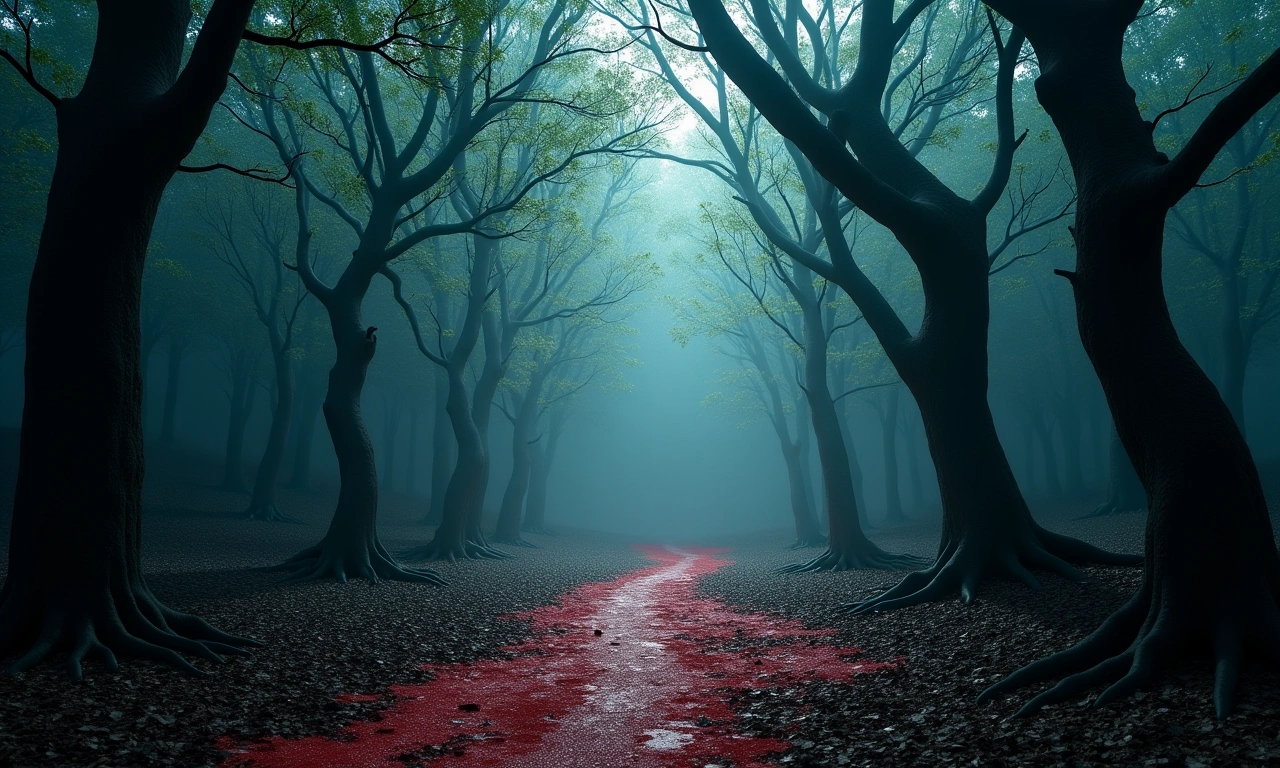 A dimly lit forest scene, with twisted tree branches reaching upwards, and faint trails of colored body paint smeared on the ground., photorealistic, 8k, highly detailed, cinematic lighting