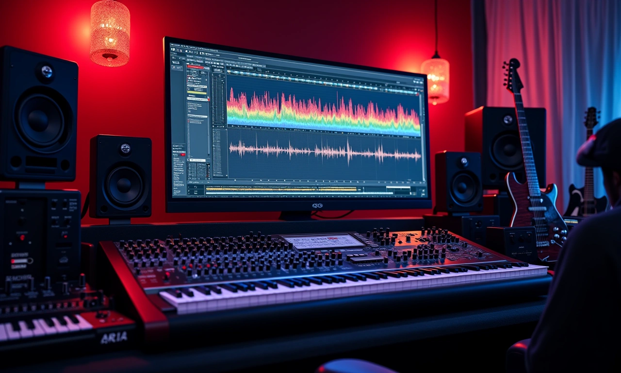 A sound mixing board with colorful waveforms displayed on a monitor, surrounded by instruments such as a keyboard, guitar, and drum machine., photorealistic, 8k, highly detailed, cinematic lighting