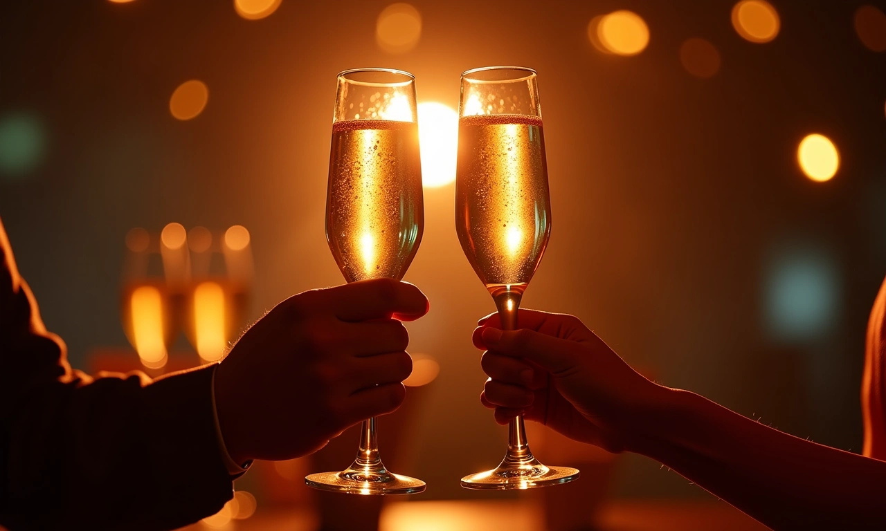 Close-up of hands holding up glasses filled with champagne mid cheer., photorealistic, 8k, highly detailed, cinematic lighting