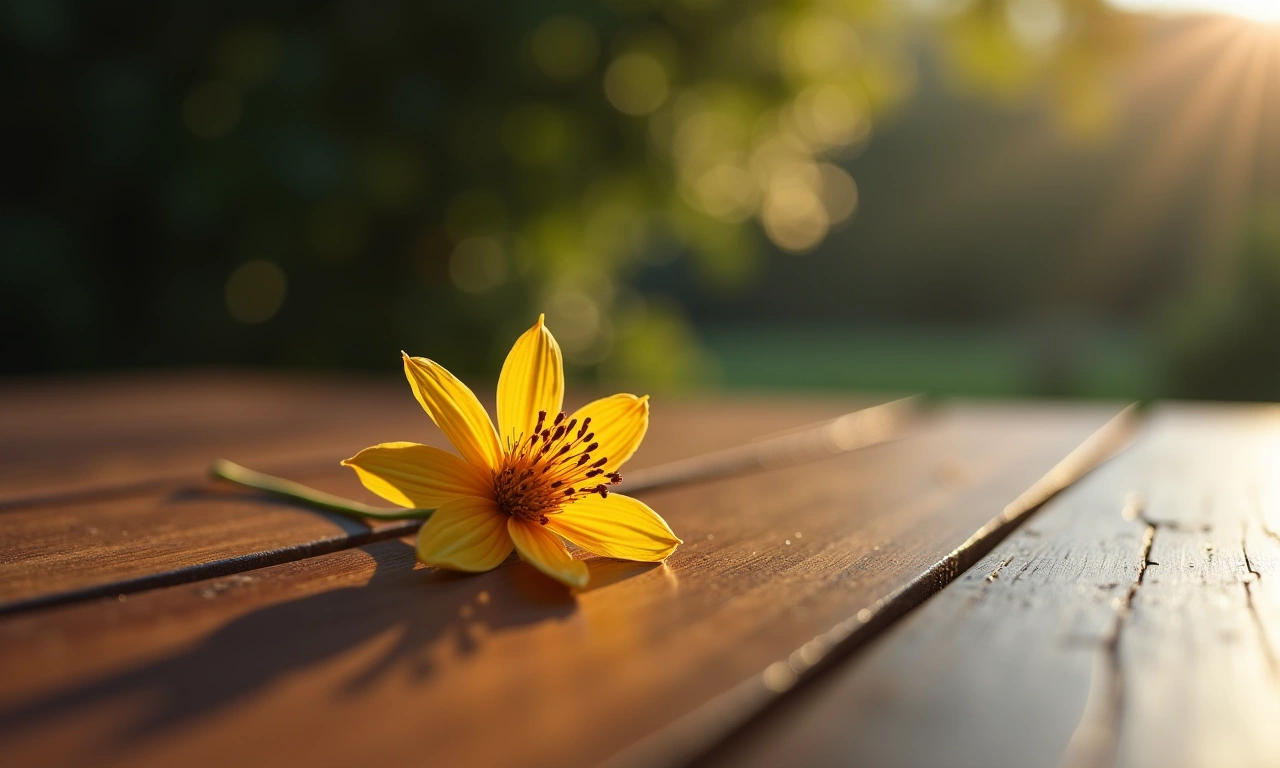 A single, wilting flower lying on a polished wooden surface, with a blurred, out-of-focus background., photorealistic, 8k, highly detailed, cinematic lighting