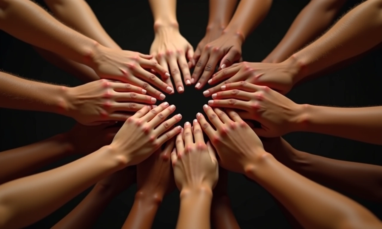 A close up shot of many hands, of diverse skin colors, reaching out to each other., photorealistic, 8k, highly detailed, cinematic lighting